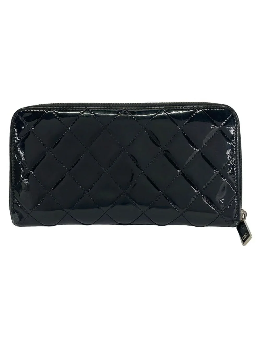 Chanel Wallet Quilted Black Silver Zip Around Leather